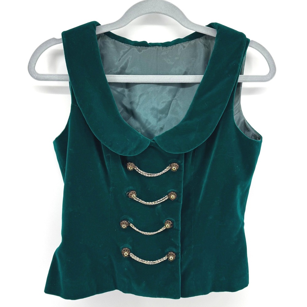 Womens Sm Velvet Vest Emerald Green Chain Button Victorian Goth Vest Holiday Top